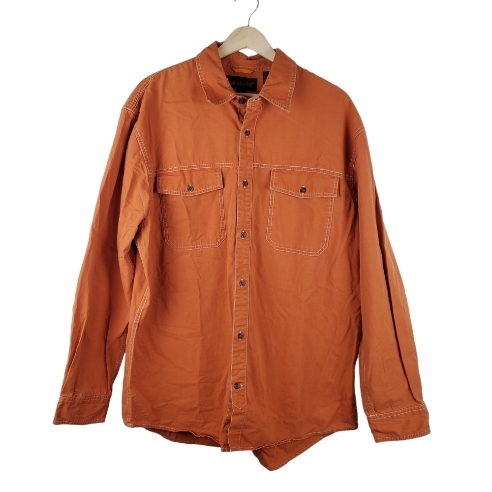 Timberland Button up shirt Men Large Orange Contrast Stitching Fall Cotton Patch